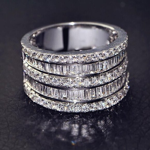 CZ Baguette Statement Ring, Cubic Zirconia Mothers Ring, Cocktail Bling Ring - Picture 1 of 4